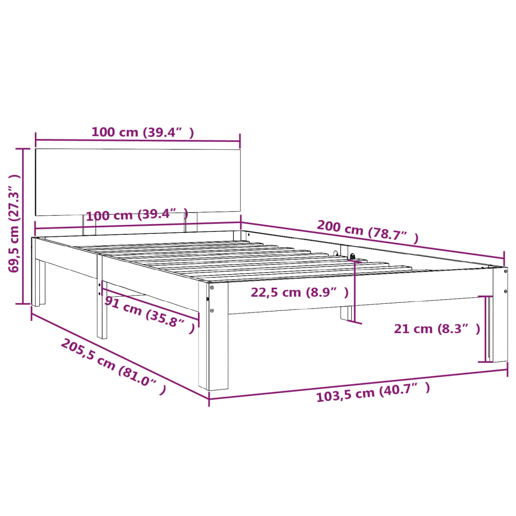vidaXL Estructura de cama madera maciza de pino negro 100x200 cm