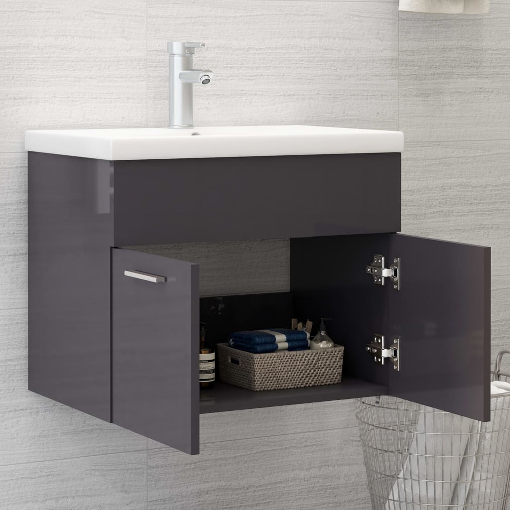 vidaXL Mueble con lavabo madera de ingeniería gris brillo
