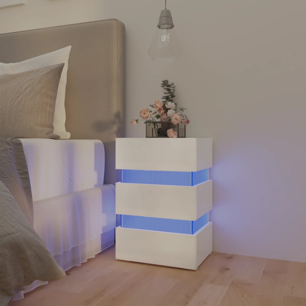 vidaXL Mesita de noche LED madera ingeniería blanco brillo 45x35x67 cm
