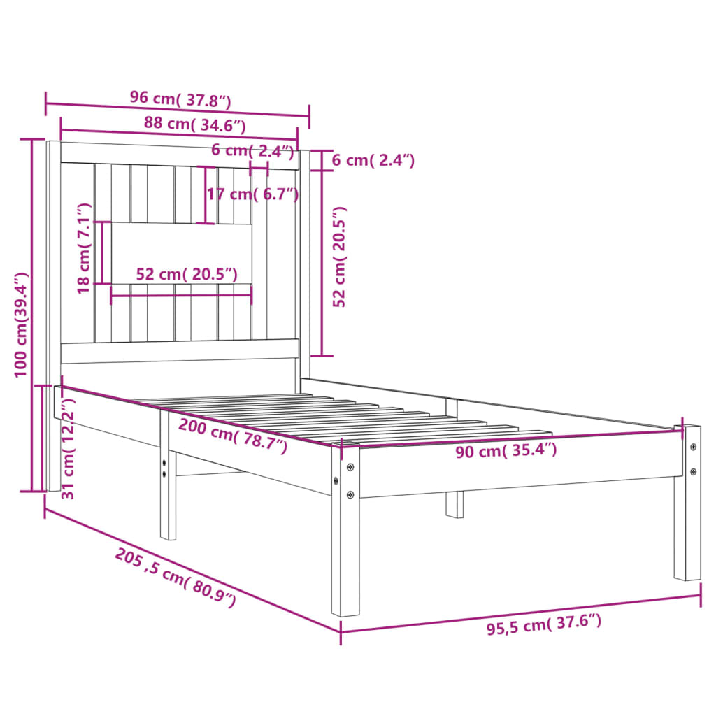 vidaXL Estructura de cama madera maciza de pino negro 90x200 cm