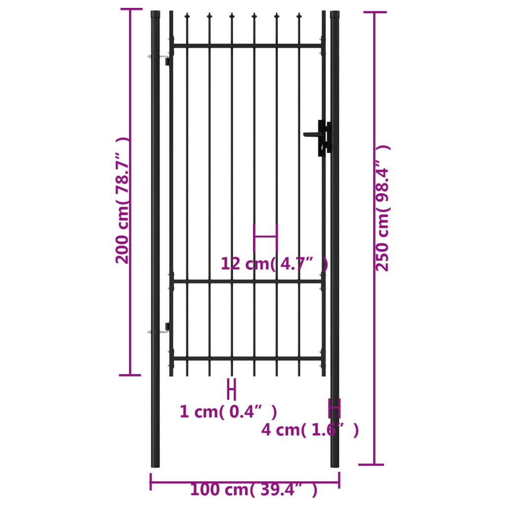 vidaXL Cancela de valla con una puerta y puntas acero negro 1x2 m