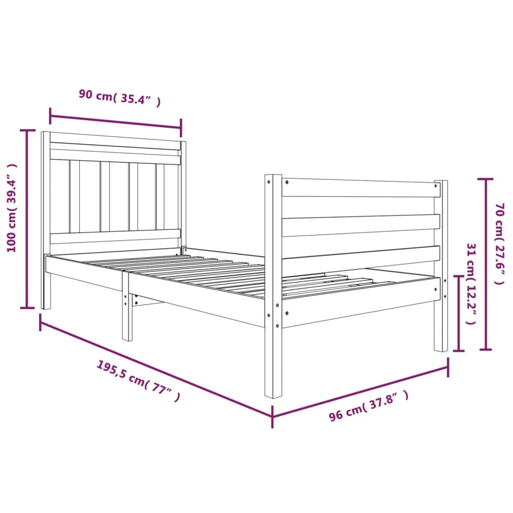 vidaXL Estructura de cama individual de madera maciza blanco 90x190 cm
