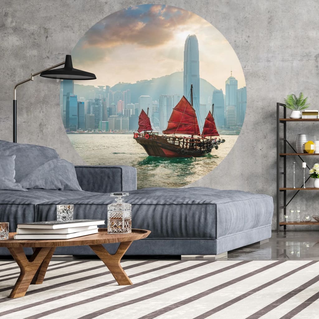 WallArt Papel pintado de pared redondo Skyline with Junk Boat 190 cm