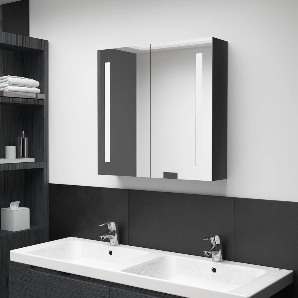 vidaXL Armario de baño con espejo LED negro brillante 62x14x60 cm