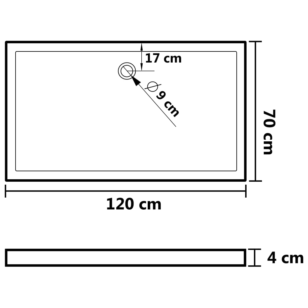 vidaXL Plato de ducha rectangular negro ABS 70x120 cm