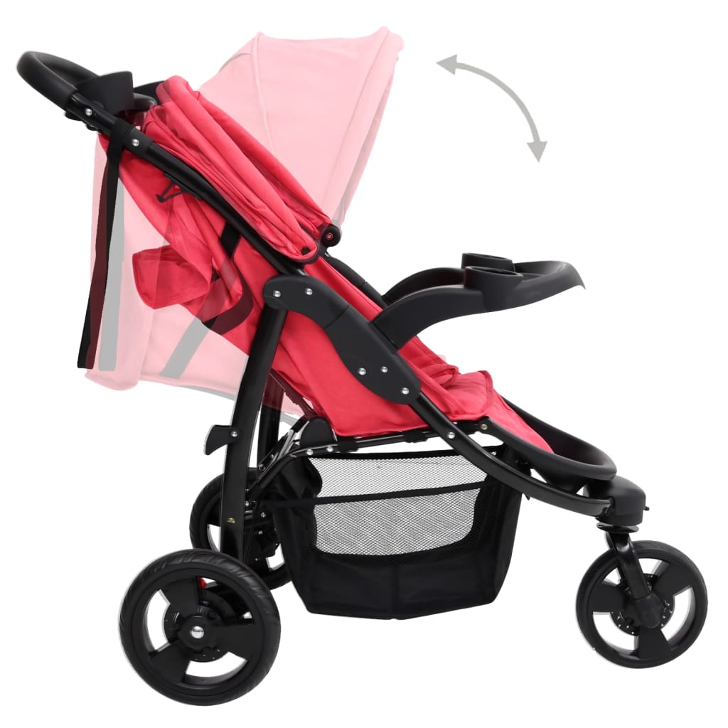 vidaXL Silla de paseo de bebé de 3 ruedas acero rojo y negro