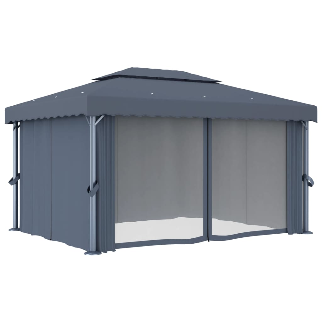 vidaXL Cenador con cortina gris antracita aluminio 4x3 m