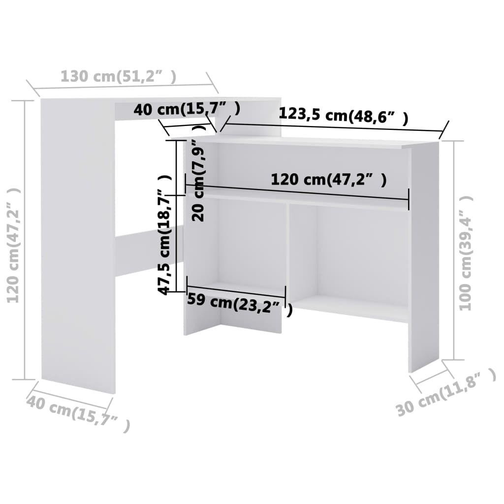 vidaXL Mesa de bar con 2 tableros blanca 130x40x120 cm