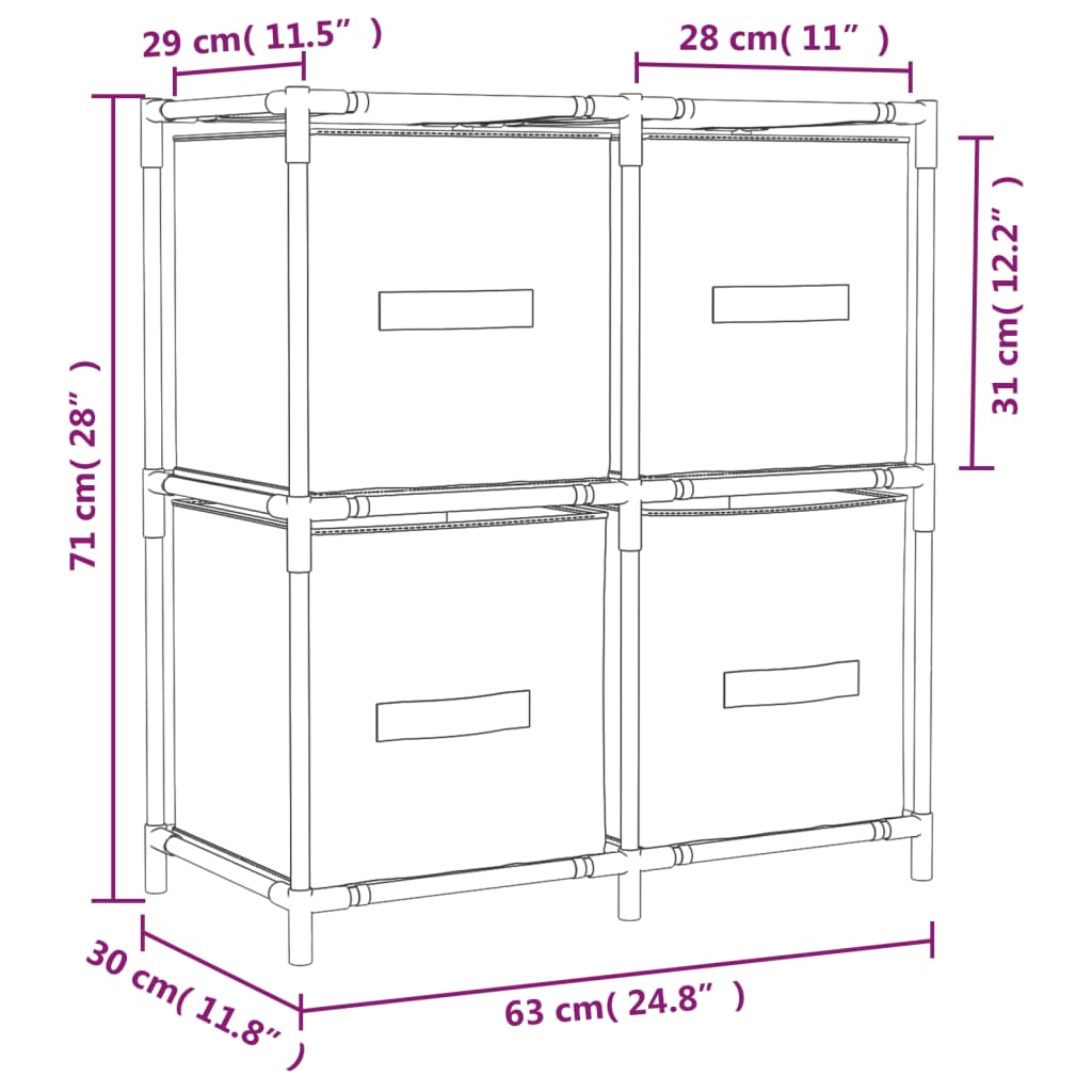 vidaXL Armario almacenaje de acero con 4 cestas tela gris 63x30x71 cm