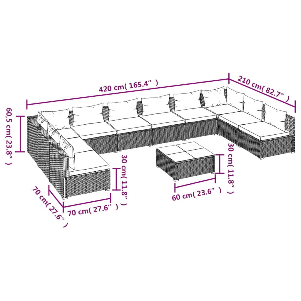 vidaXL Set de muebles de jardín 11 pzas y cojines ratán sintético gris