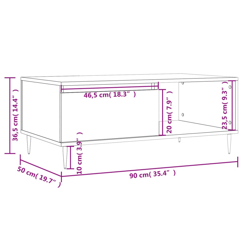 vidaXL Mesa de centro madera contrachapada blanco brillo 90x50x36,5 cm