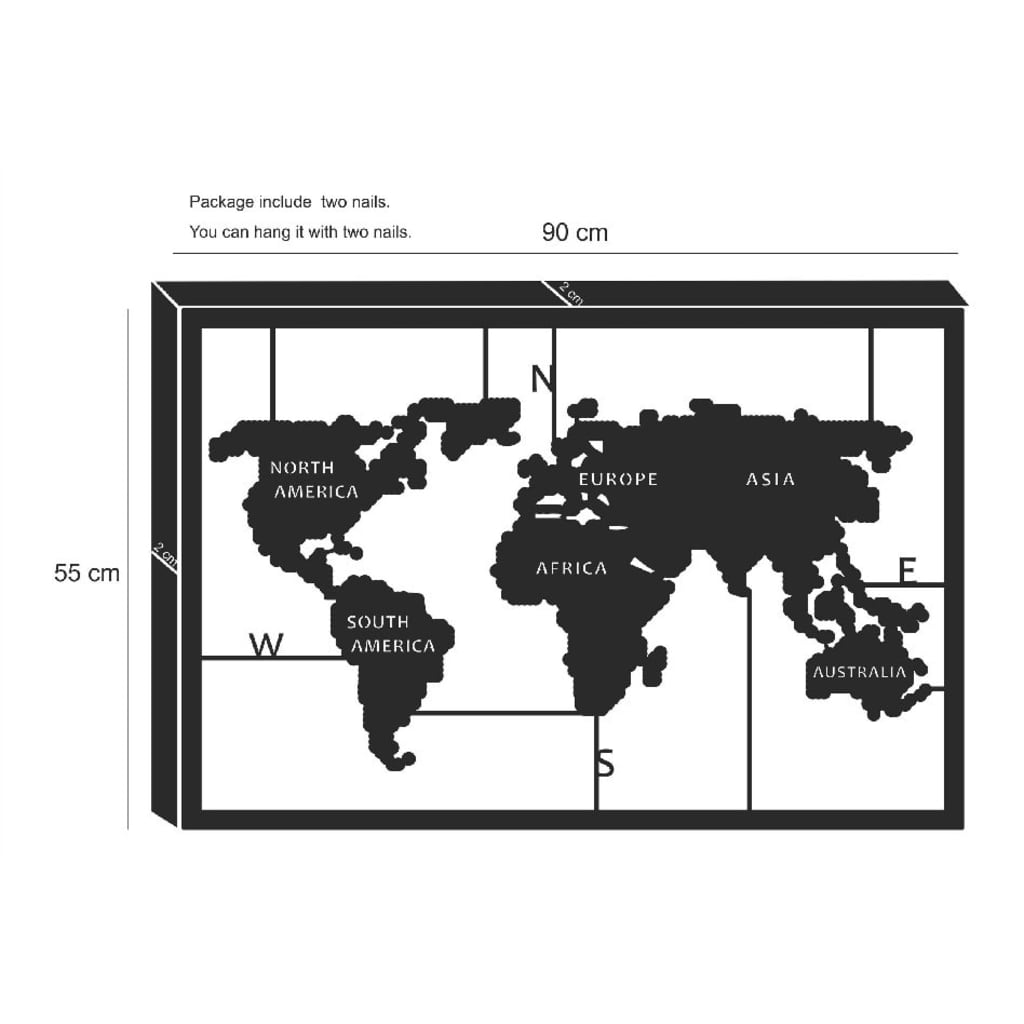 Homemania Decoración de pared mapa del mundo 90x55 cm metal negro