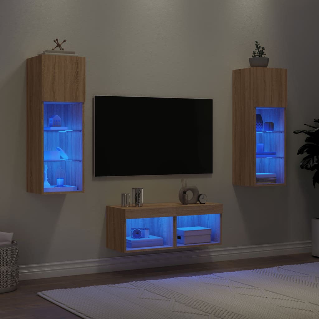 vidaXL Muebles de TV de pared con luces LED 4 piezas roble Sonoma