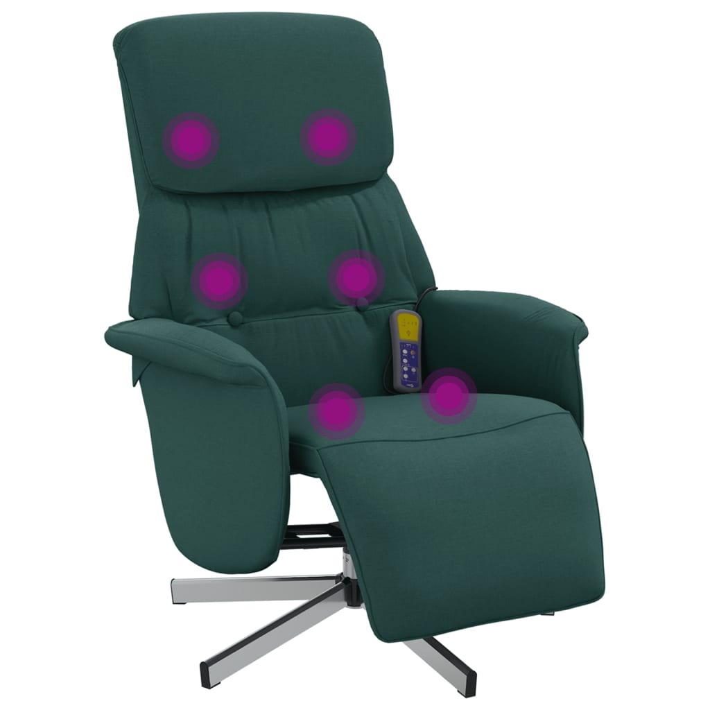 vidaXL Sillón reclinable de masaje con reposapiés tela verde oscuro
