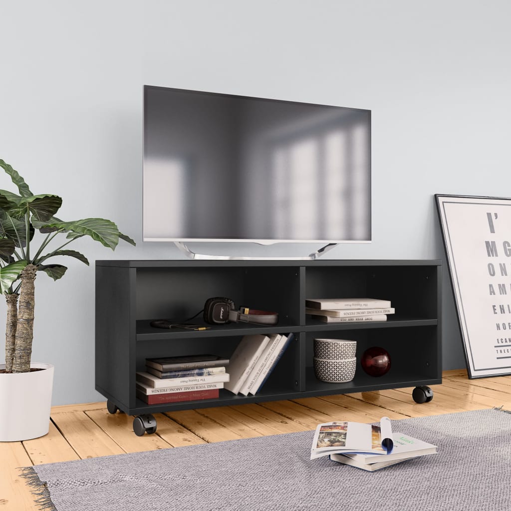 vidaXL Mueble de TV con ruedas madera contrachapada negro 90x35x35 cm