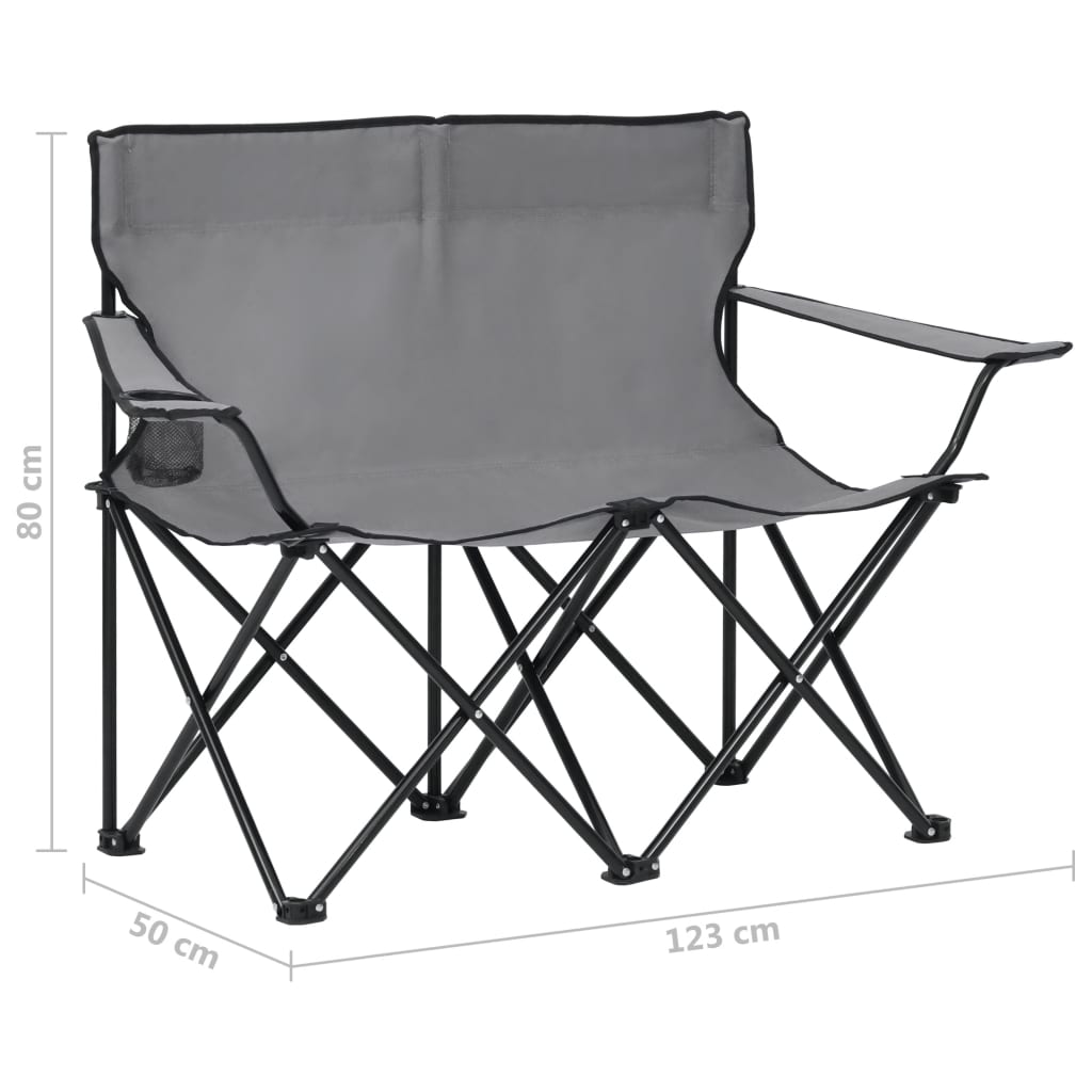 vidaXL Silla de camping plegable de 2 plazas acero y tela gris