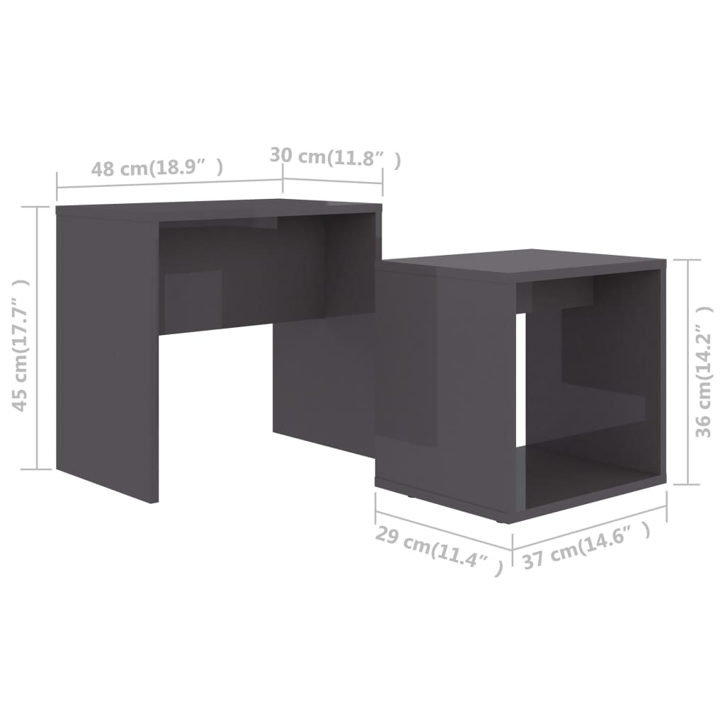 vidaXL Juego mesas centro madera contrachapada gris brillo 48x30x45 cm