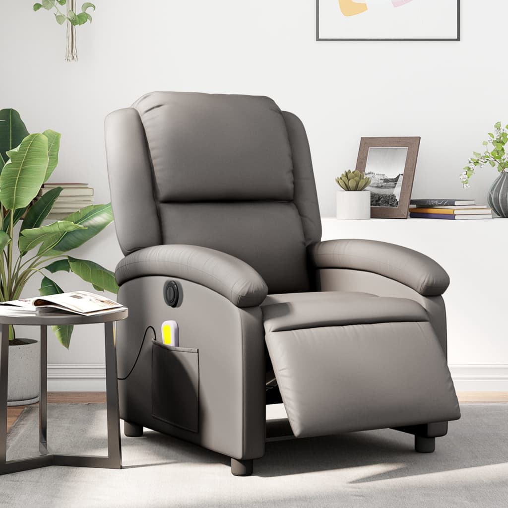 vidaXL Sillón reclinable de masaje eléctrico cuero auténtico gris