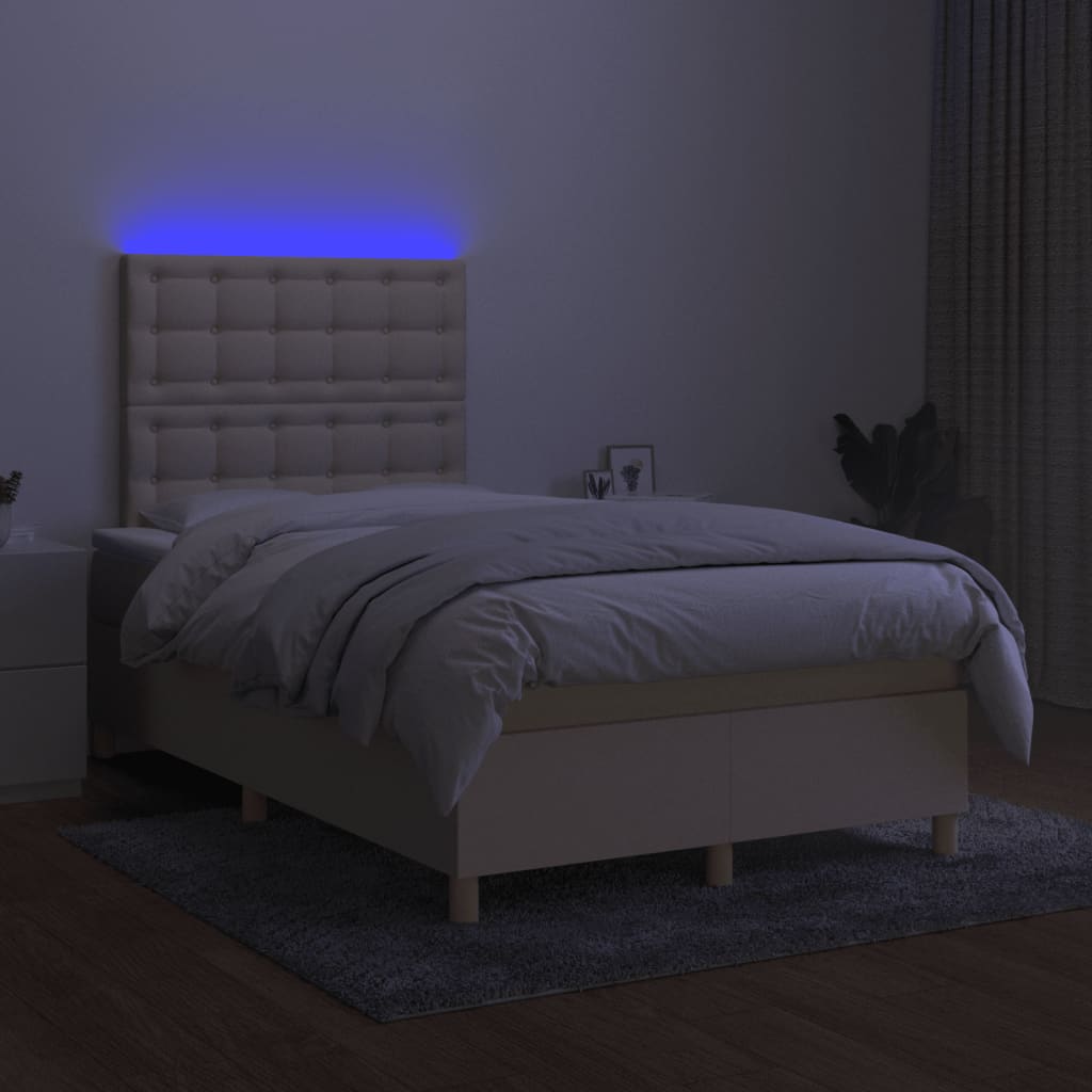 vidaXL Cama box spring con colchón y luces LED tela crema 120x190 cm