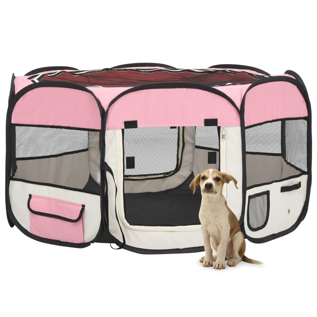 vidaXL Parque de perros plegable y bolsa transporte rosa 125x125x61cm