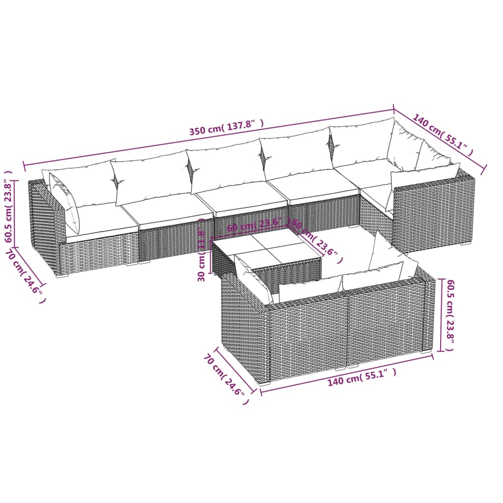 vidaXL Set muebles de jardín 9 piezas y cojines ratán sintético marrón