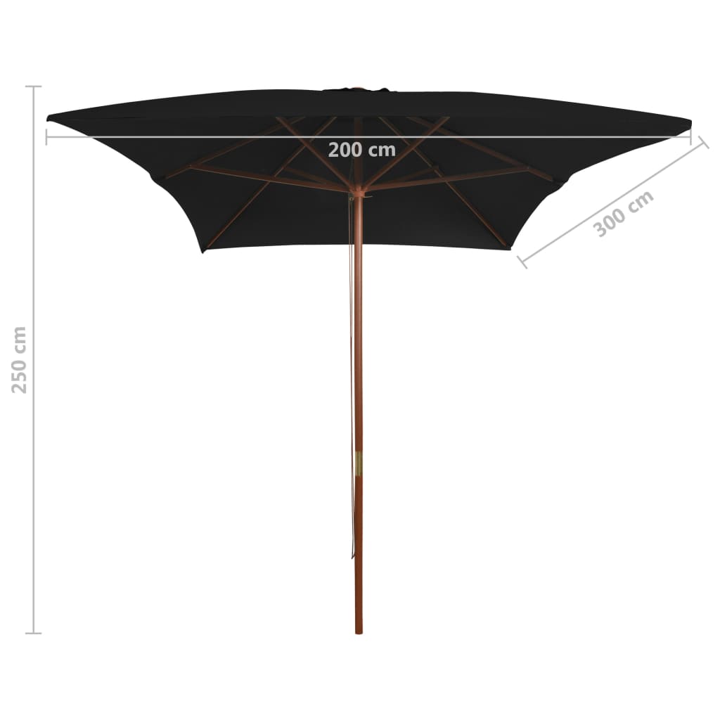 vidaXL Sombrilla de jardín con palo de madera negra 200x300 cm
