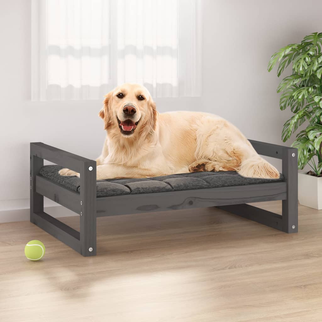 vidaXL Cama para perros madera maciza de pino gris 75,5x55,5x28 cm