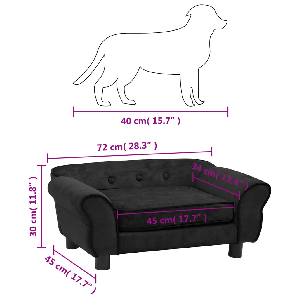 vidaXL Sofá para perros felpa negro 72x45x30 cm