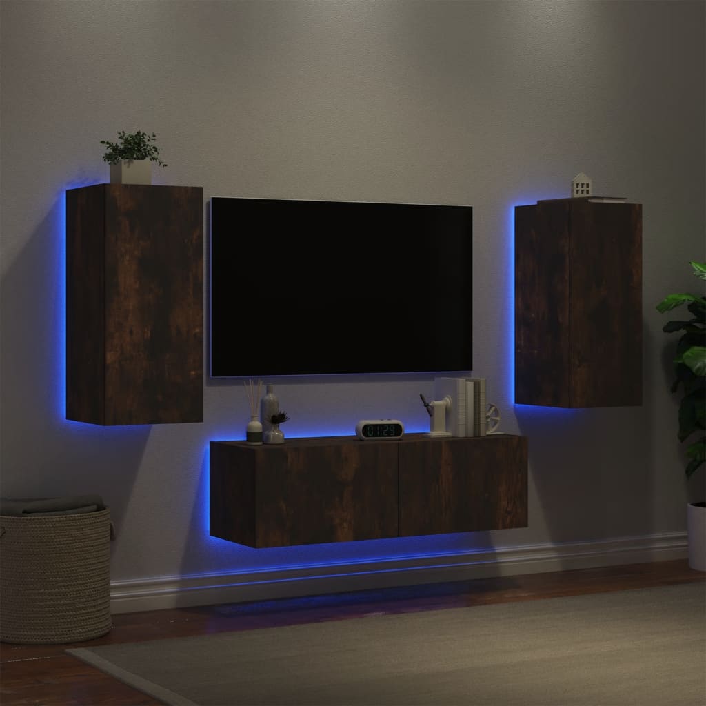 vidaXL Muebles de TV de pared con luces LED 3 piezas roble ahumado