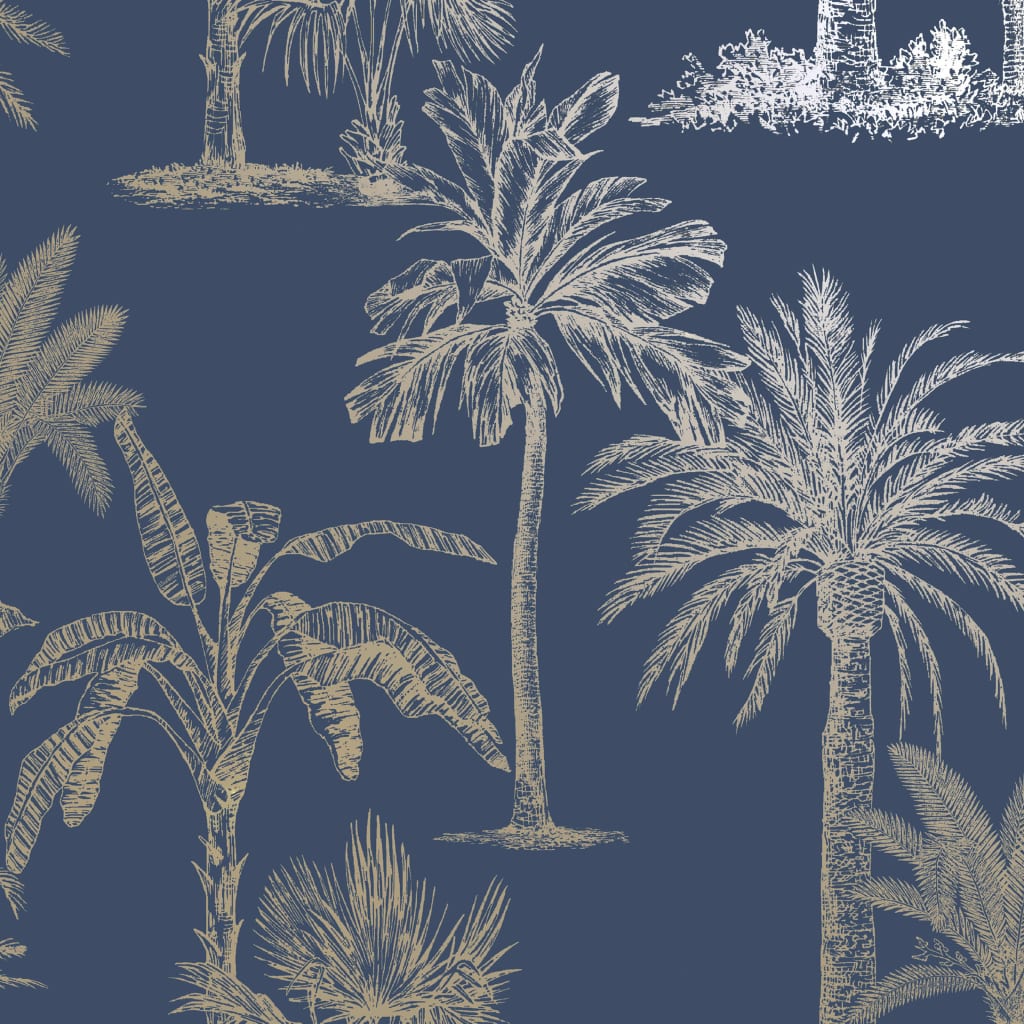 DUTCH WALLCOVERINGS Papel pintado árbol tropical azul marino y plata