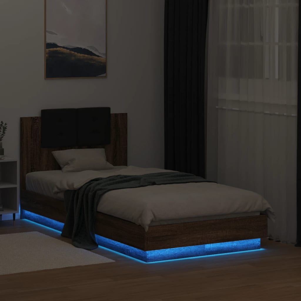 vidaXL Estructura de cama cabecero luces LED marrón roble 75x190 cm