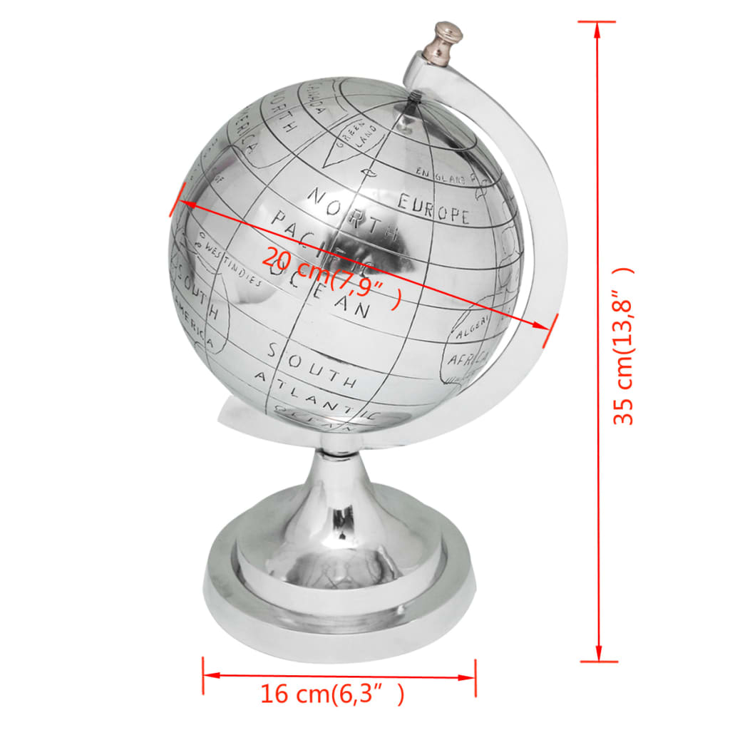 vidaXL Bola del mundo con soporte de aluminio plateado 35 cm