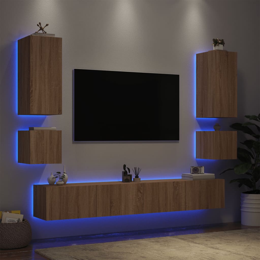 vidaXL Muebles de TV de pared con luces LED 6 piezas roble Sonoma