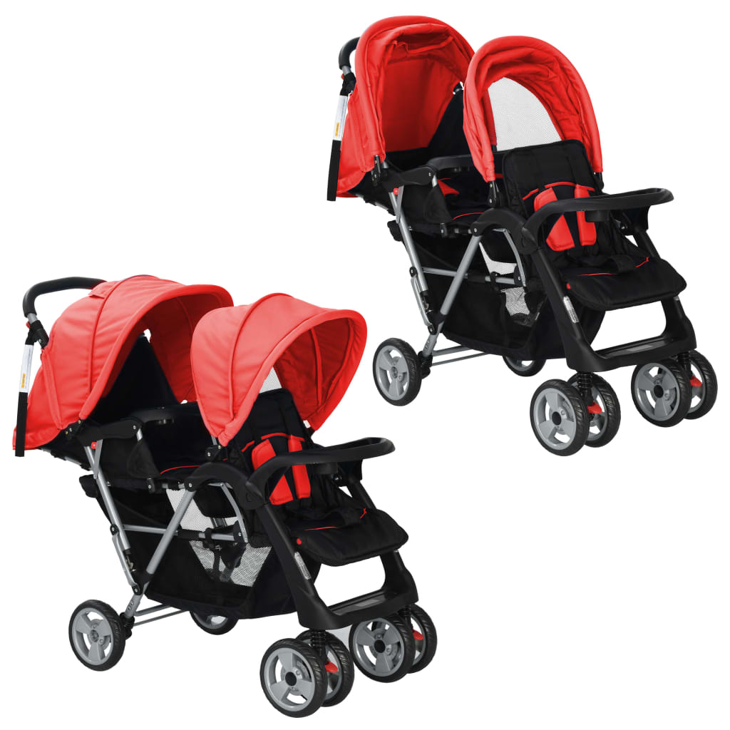 vidaXL Carrito para dos bebés tandem rojo y negro de acero
