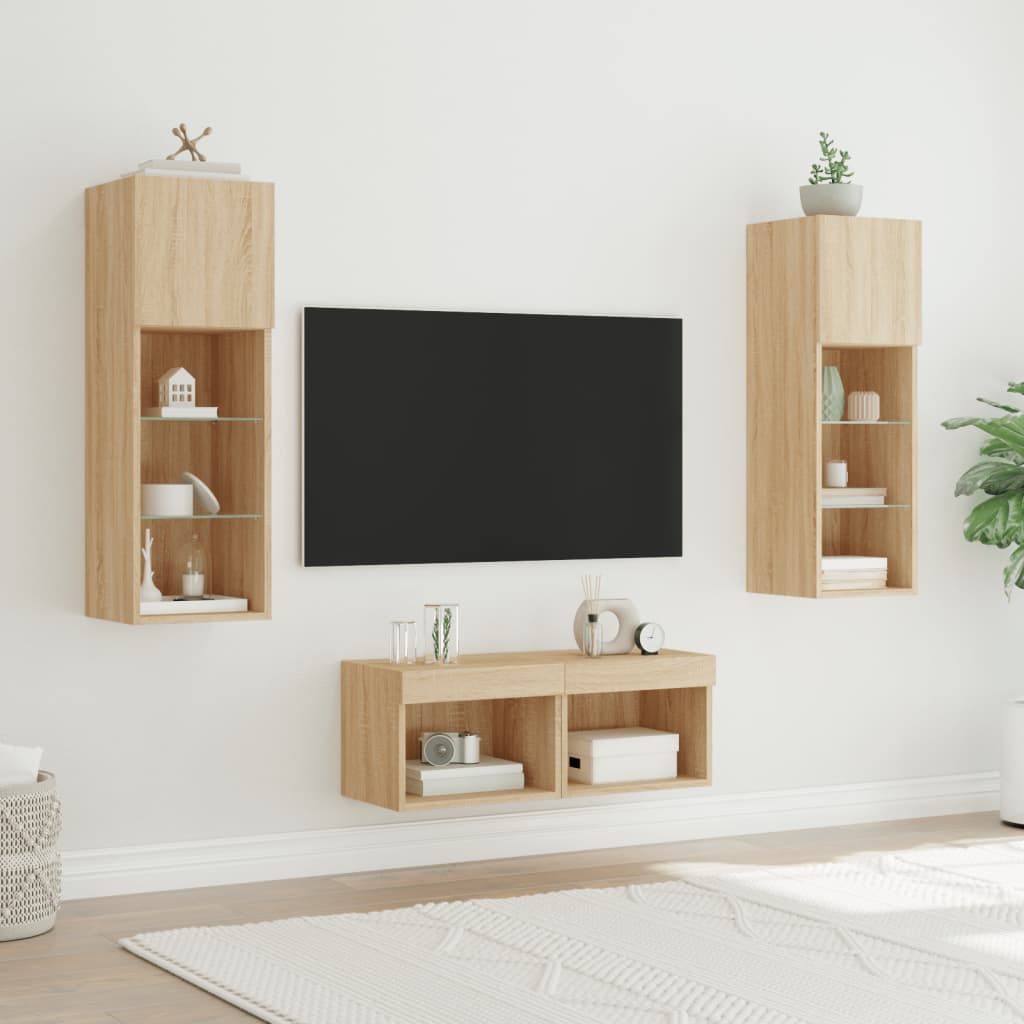 vidaXL Muebles de TV de pared con luces LED 4 piezas roble Sonoma