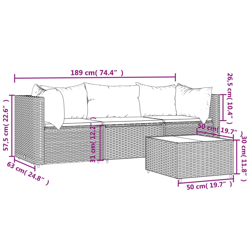 vidaXL Set muebles de jardín 4 piezas y cojines ratán sintético marrón