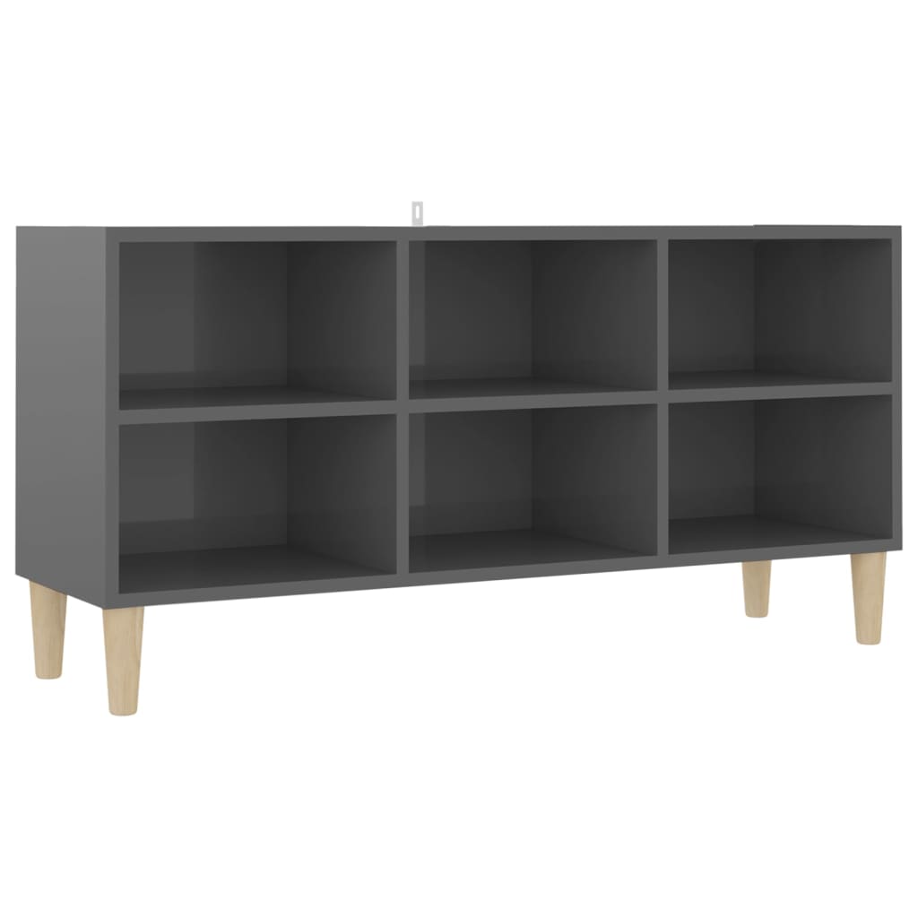 vidaXL Mueble de TV patas de madera maciza gris brillo 103,5x30x50 cm