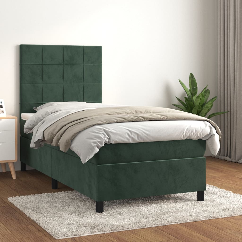 vidaXL Cama box spring con colchón terciopelo verde oscuro 90x190 cm