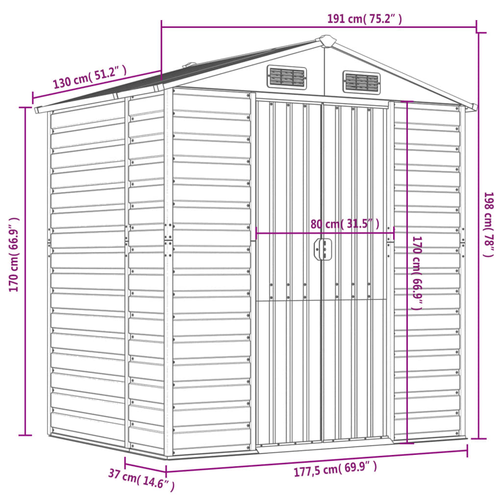 vidaXL Cobertizo de jardín acero galvanizado antracita 191x130x198 cm