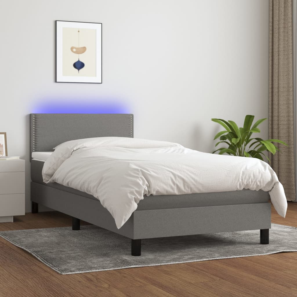 vidaXL Cama box spring colchón y luces LED tela gris oscuro 90x200 cm