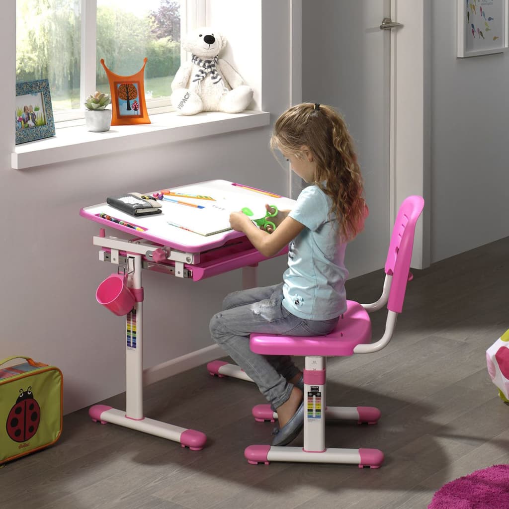 Vipack Escritorio niños regulable Comfortline 201 y silla rosa blanco