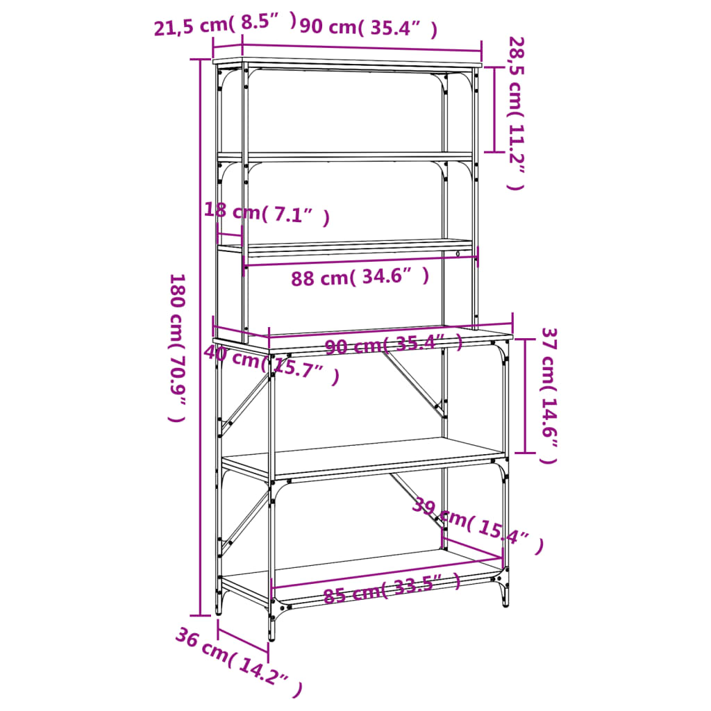 vidaXL Estantería cocina 6 niveles madera ingeniería roble 90x40x180cm