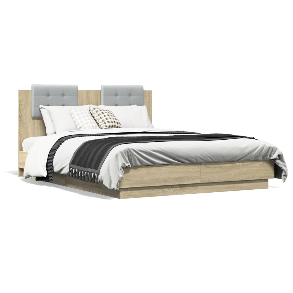 vidaXL Estructura de cama cabecero y luces LED roble Sonoma 135x190 cm