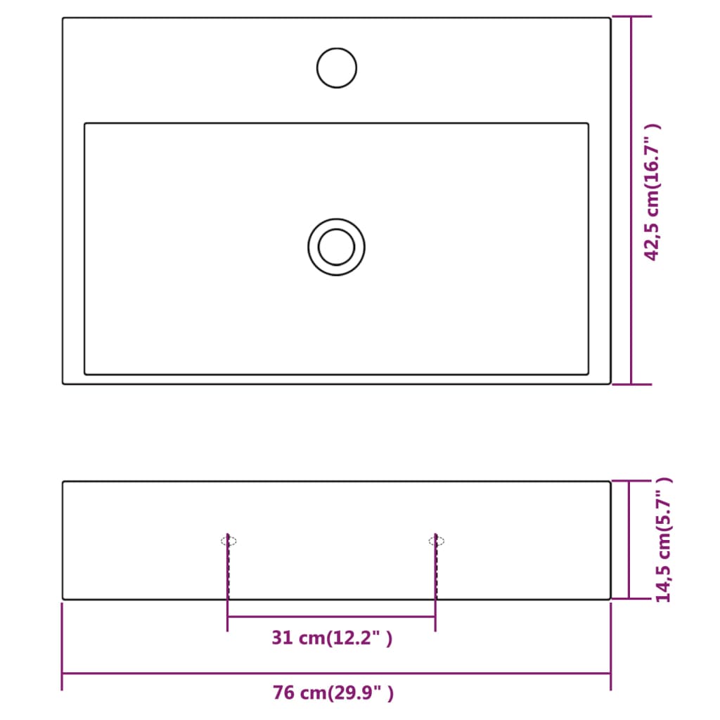 vidaXL Lavabo con orificio para grifo cerámica 76x42,5x14,5 cm blanco
