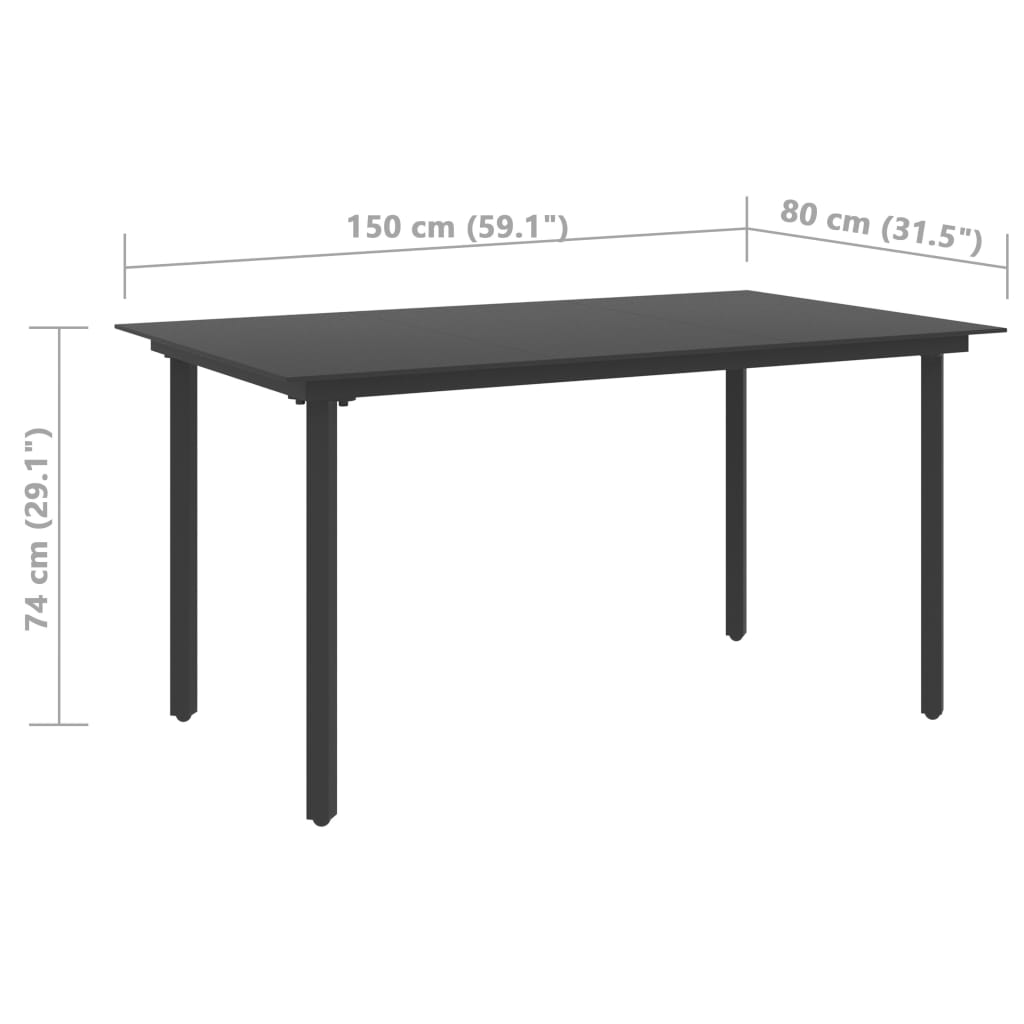 vidaXL Mesa de comedor para jardín acero y vidrio negro 150x80x74 cm