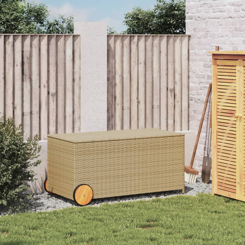vidaXL Caja de almacenaje jardín con ruedas ratán PE beige mezcla 190L