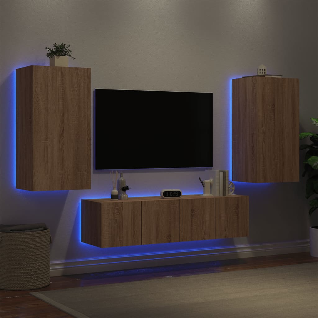 vidaXL Muebles TV pared con LED 4 pzas madera ingeniería roble Sonoma