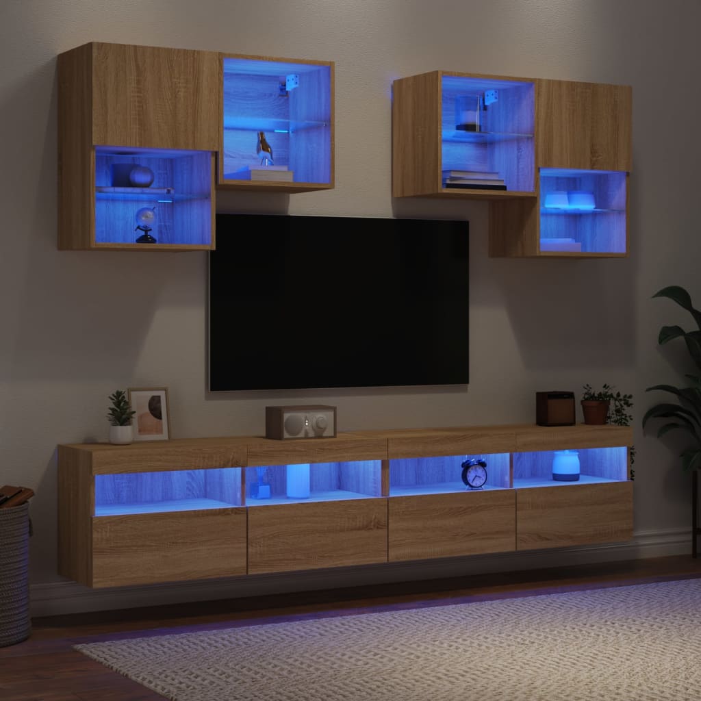 vidaXL Muebles de TV de pared con luces LED 6 piezas roble sonoma