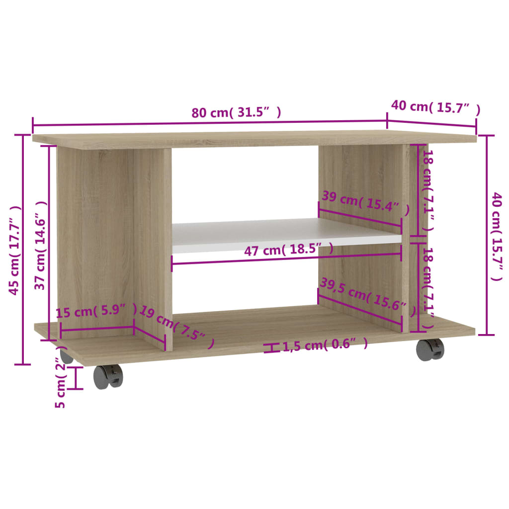 vidaXL Mueble de TV ruedas madera ingeniería blanco y roble 80x40x45cm