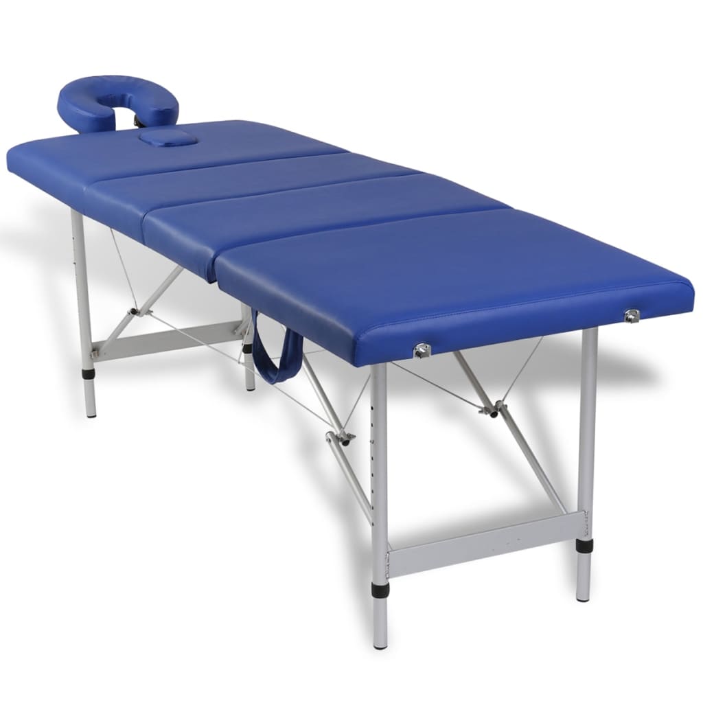 Mesa camilla de masaje de aluminio plegable de cuatro cuerpos azúles